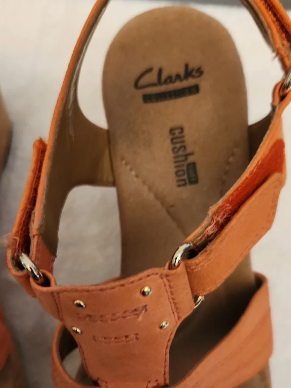 Clarks Women's Orange Cork Wedge Sandals, size 7.5